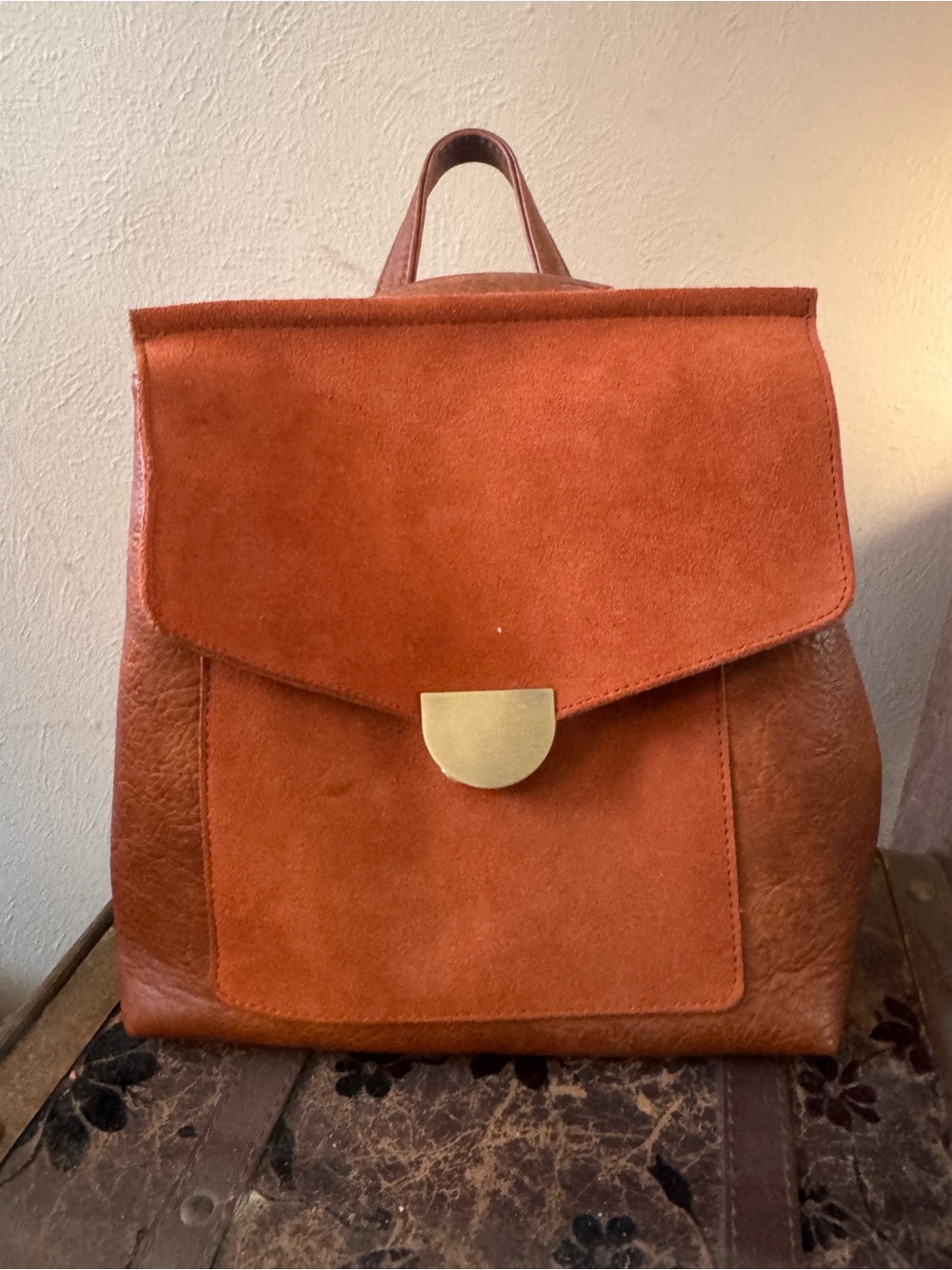 Moda Luxe Rust Suede & Leather Backpack with Gold Clasp